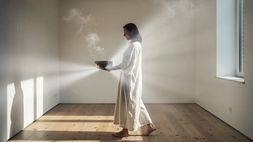 Persona recorriendo habitación con cuenco tibetano sonando, ondas visibles en esquinas