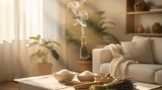 Ritual de limpieza energética del hogar con salvia y elementos naturales