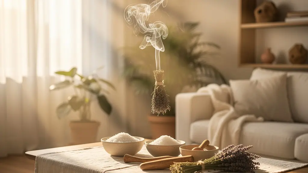 Ritual de limpieza energética del hogar con salvia y elementos naturales