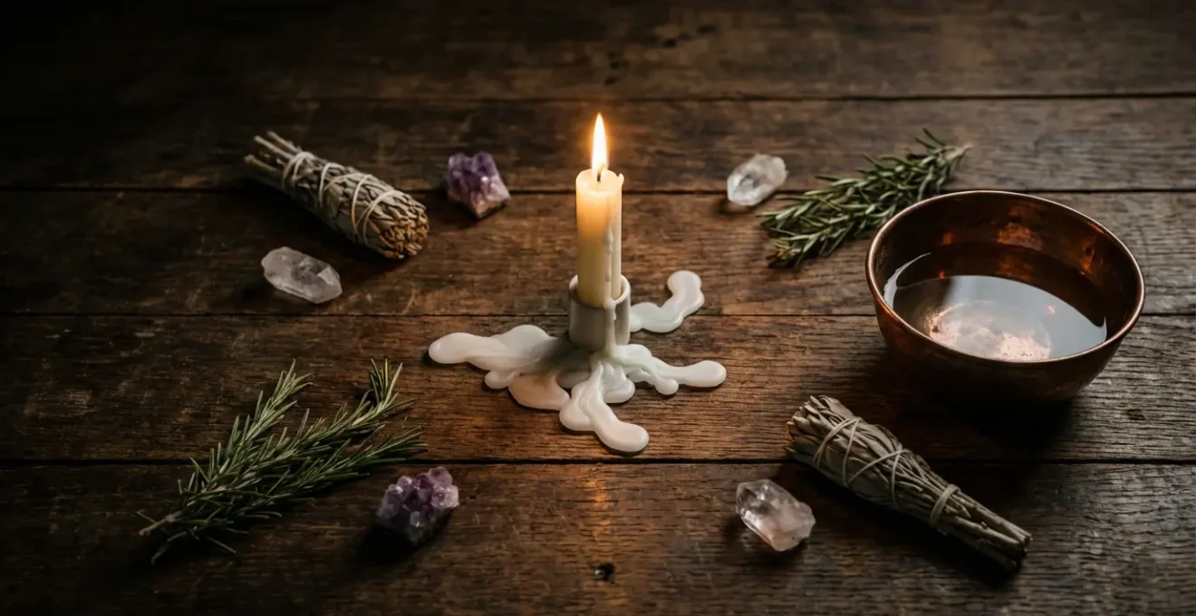 Mesa ritual con vela encendida, restos de cera formando figuras místicas y herramientas de ceromancia