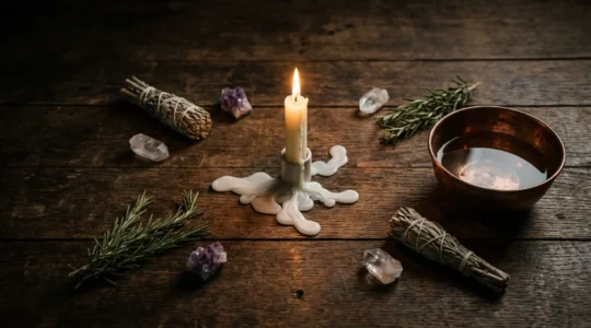 Mesa ritual con vela encendida, restos de cera formando figuras místicas y herramientas de ceromancia