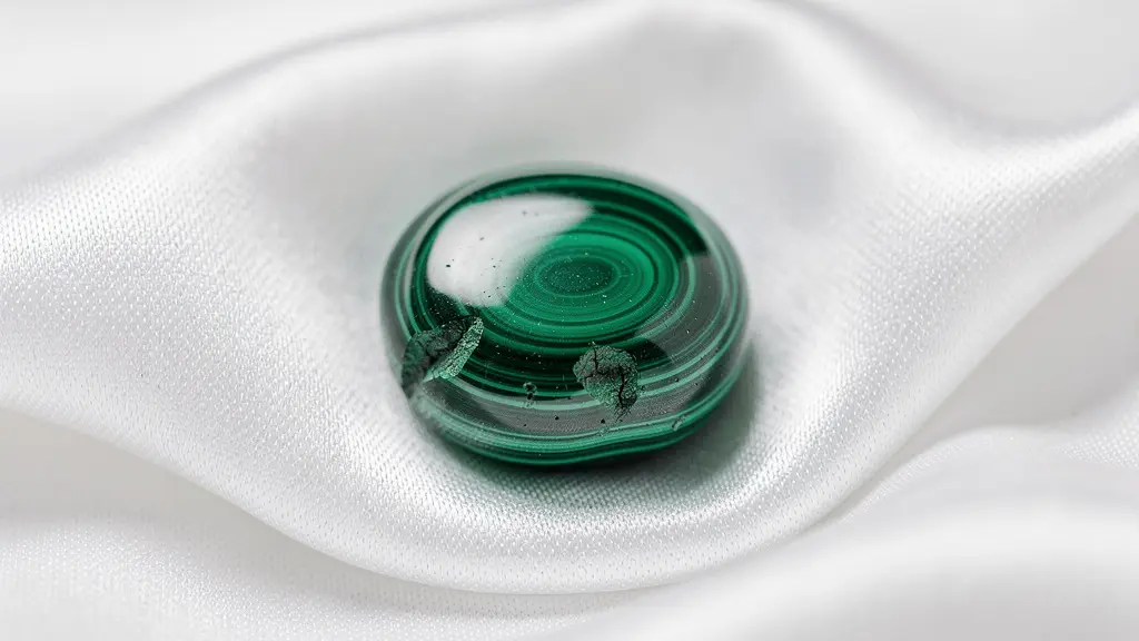 Piedra de malaquita verde con bandas sobre tela de seda blanca, composición macro mostrando texturas sin contacto directo con piel