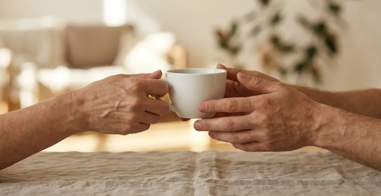 Manos en posición meditativa sosteniendo taza de café con energía neutral