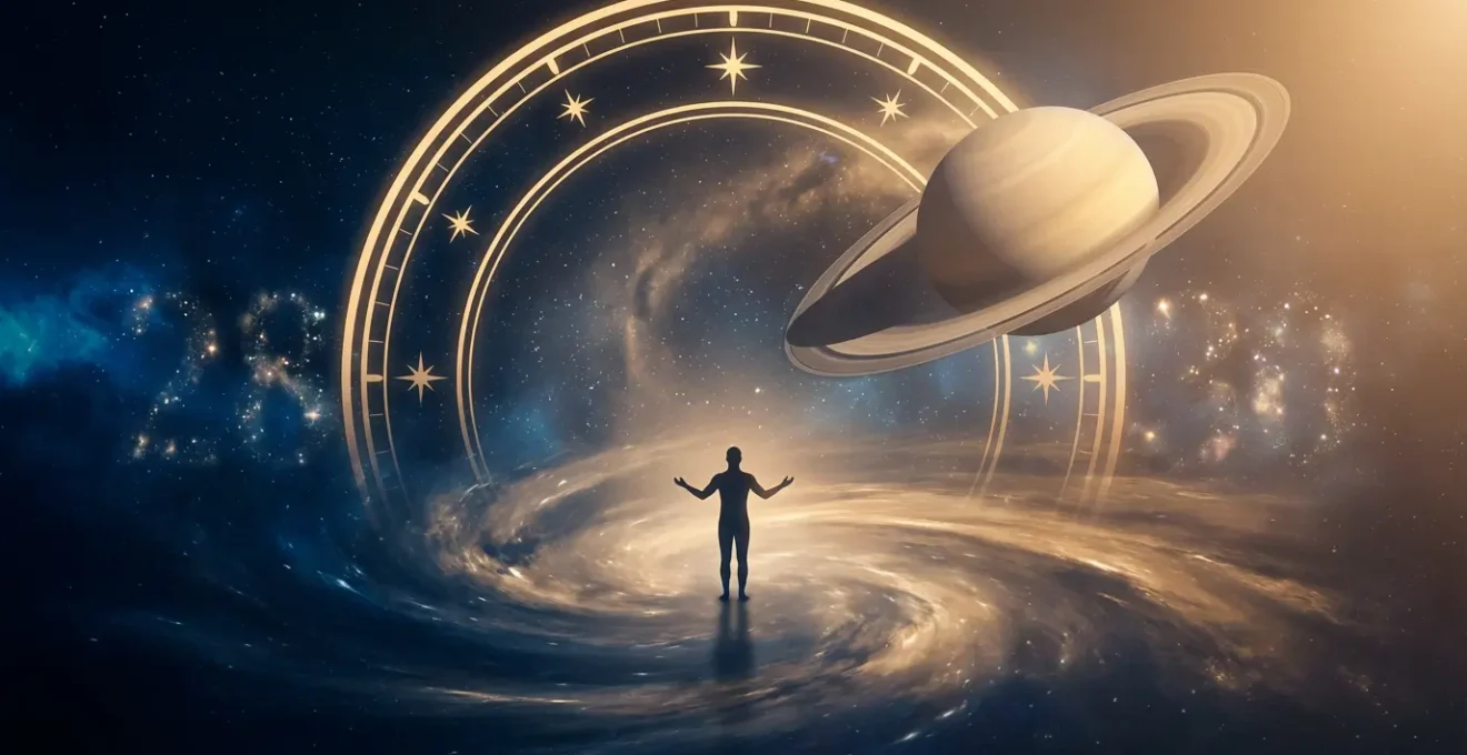 Mapa astral con el planeta Saturno destacado y ciclos de vida representados en círculos concéntricos dorados