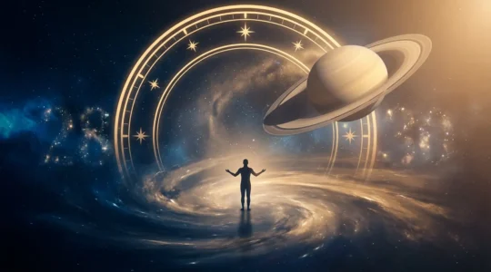 Mapa astral con el planeta Saturno destacado y ciclos de vida representados en círculos concéntricos dorados