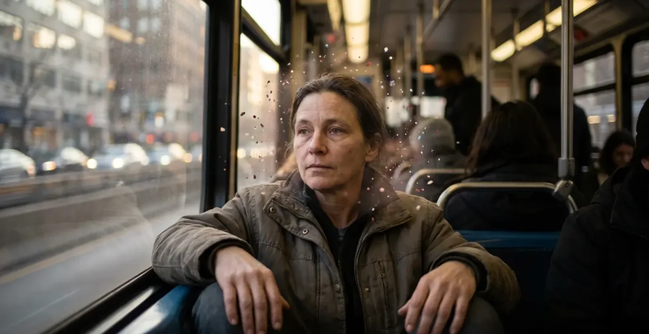 Persona meditando con ojos abiertos en transporte público con elementos simbólicos flotantes