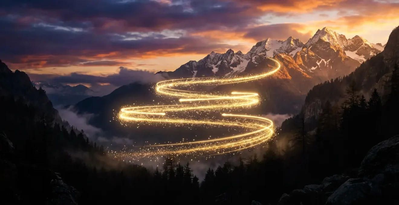 Espiral ascendente de luz dorada flotando sobre paisaje montañoso al atardecer