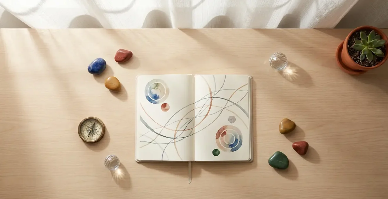 Escritorio minimalista con diario de productividad astrológica y elementos simbólicos planetarios