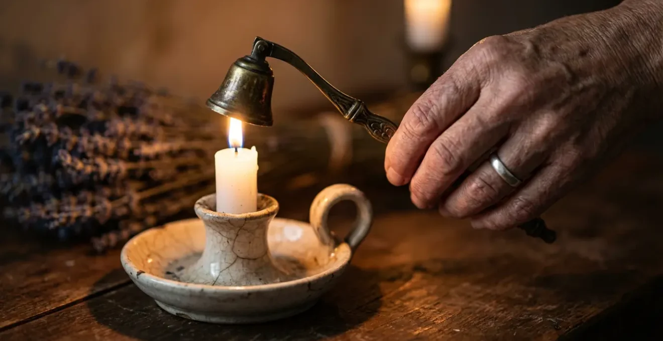 Mano usando apagavelas metálico tradicional sobre vela encendida en ritual