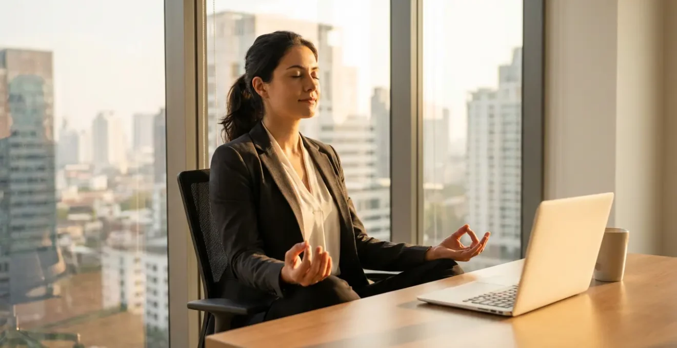 Persona en postura meditativa sentada en escritorio de oficina moderna con vista a ciudad