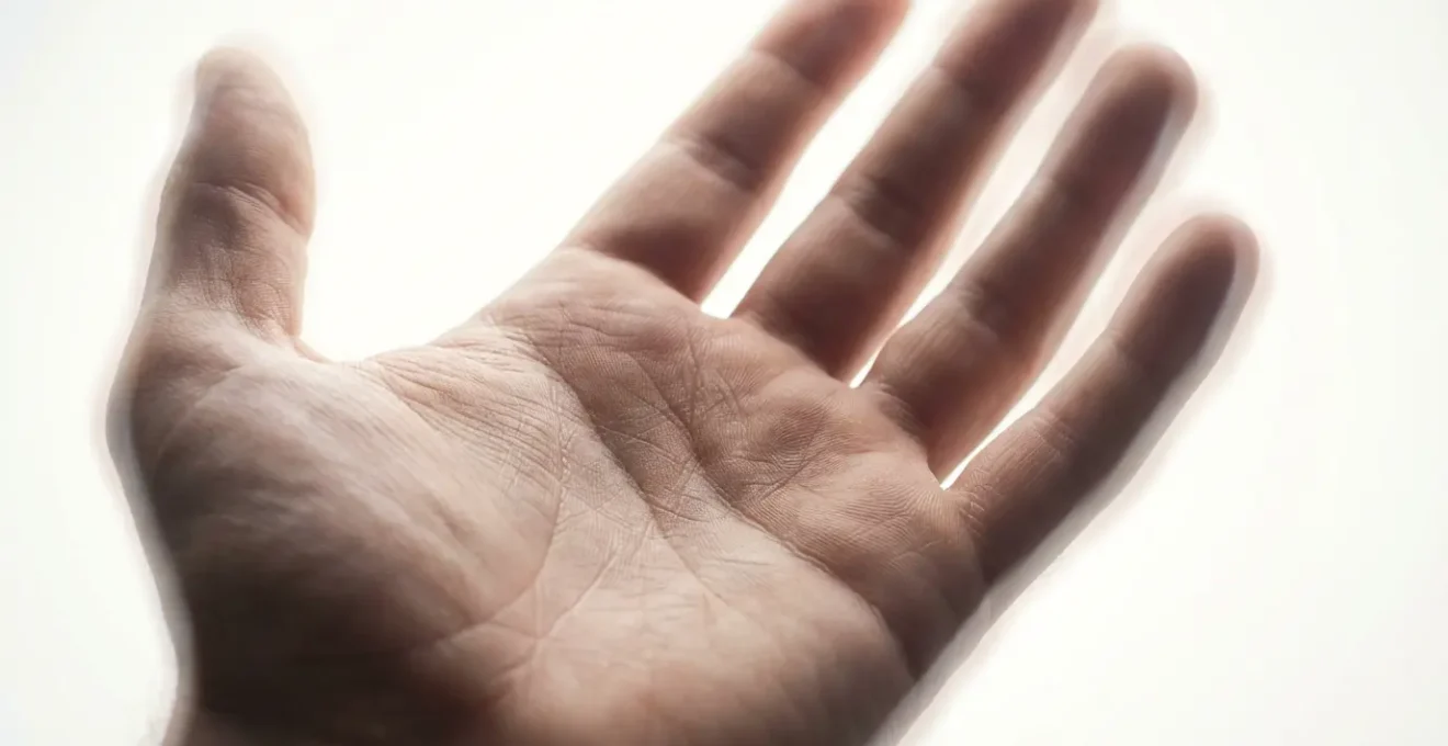 Mano humana contra fondo blanco mostrando campo energético visible a través de efecto visual difuso