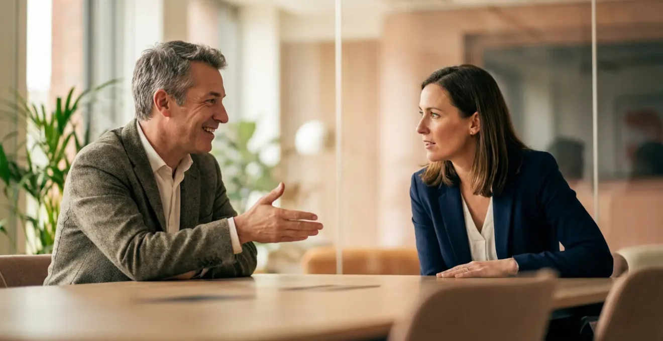 Dos personas en conversación profesional con gestos de apertura y escucha activa