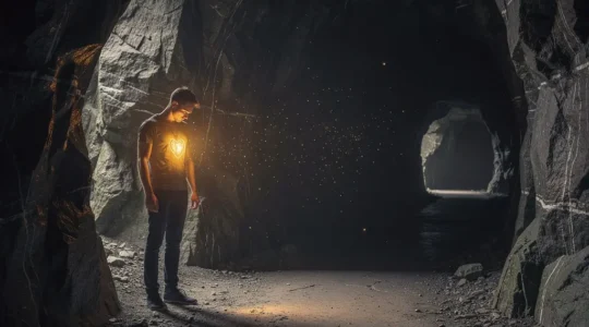 Una persona en un camino oscuro iluminado por su propia luz interior, simbolizando el proceso de transformación espiritual