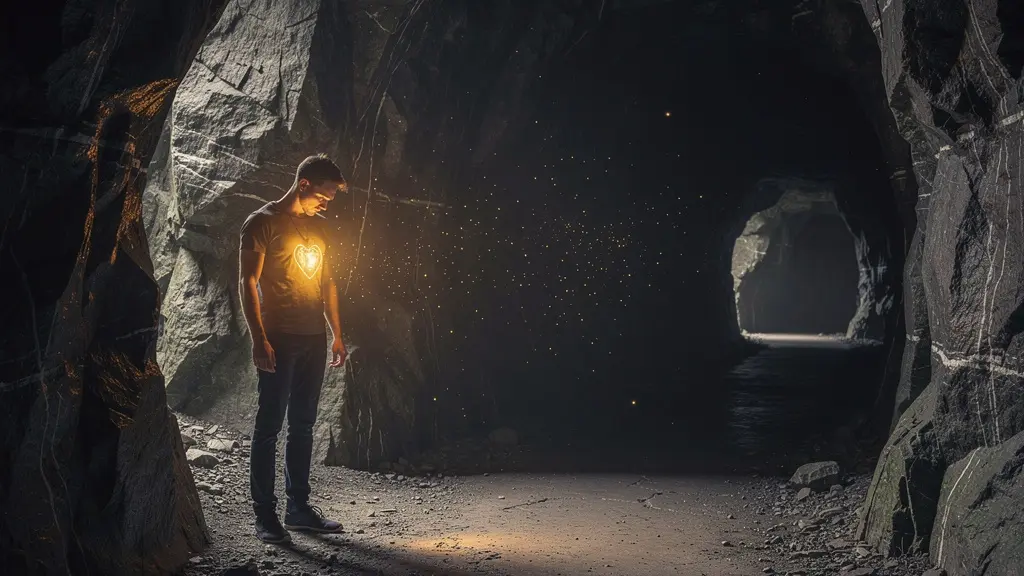 Una persona en un camino oscuro iluminado por su propia luz interior, simbolizando el proceso de transformación espiritual