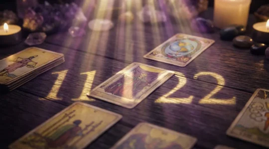 Composición mística que muestra las cartas del tarot iluminadas con números maestros 11 y 22 en un ambiente de meditación y sanación