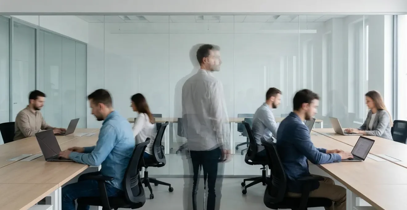 Oficina moderna con figura semitransparente entre compañeros de trabajo enfocados en sus tareas