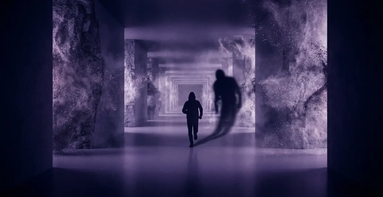 Sombra oscura persiguiendo a una persona corriendo por un pasillo infinito en tonos violeta y azul profundo