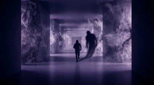 Sombra oscura persiguiendo a una persona corriendo por un pasillo infinito en tonos violeta y azul profundo