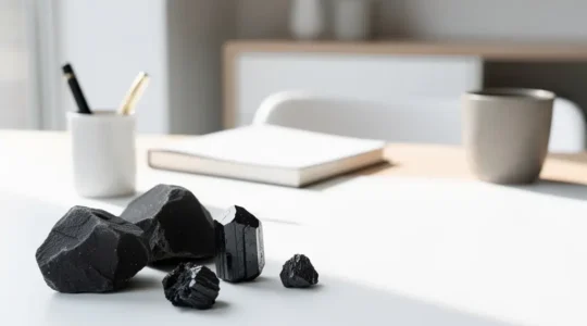 Cristales protectores de turmalina negra y shungit en un escritorio de oficina moderno