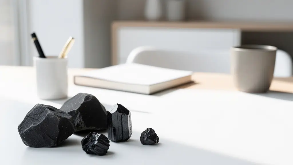 Cristales protectores de turmalina negra y shungit en un escritorio de oficina moderno