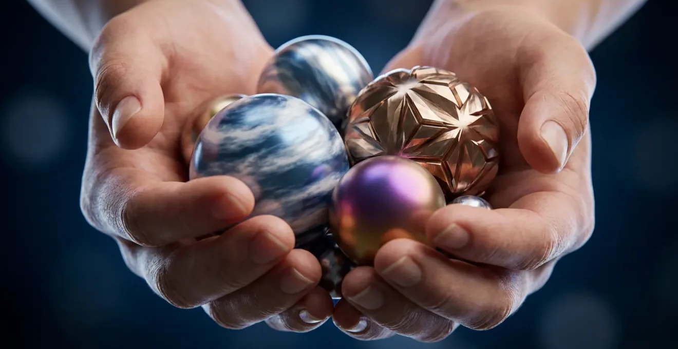 Manos sosteniendo esferas metálicas pulidas representando planetas