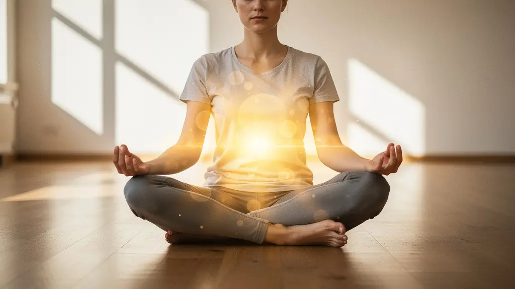Persona meditando con energía dorada emanando del área del plexo solar