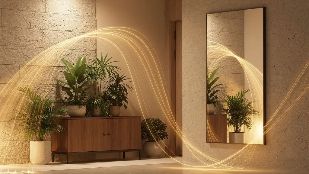 Recibidor con espejo colocado lateralmente según principios del Feng Shui para amplificar la energía positiva