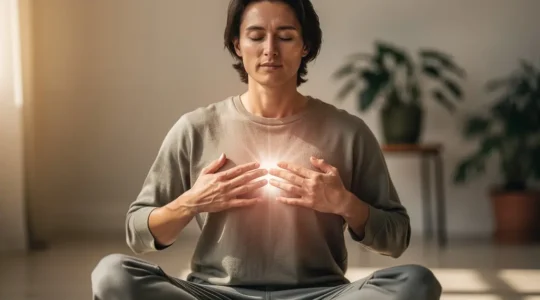 Autotratamiento de reiki para la ansiedad con posición de manos sobre el chakra del corazón