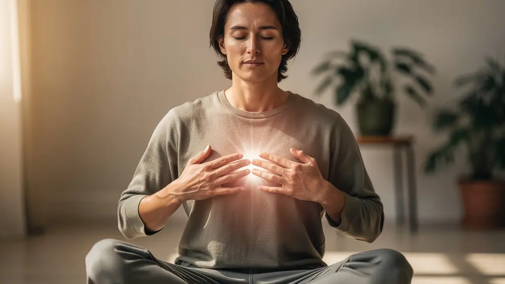 Autotratamiento de reiki para la ansiedad con posición de manos sobre el chakra del corazón