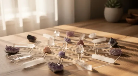 Rejilla geométrica de cristales de cuarzo, amatista y selenita dispuestos en patrón de flor de vida sobre mesa de madera con luz dorada natural