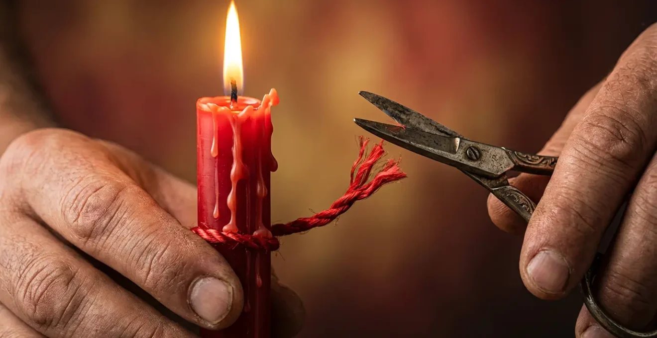 Manos realizando ritual de corte con vela roja y cordón simbólico