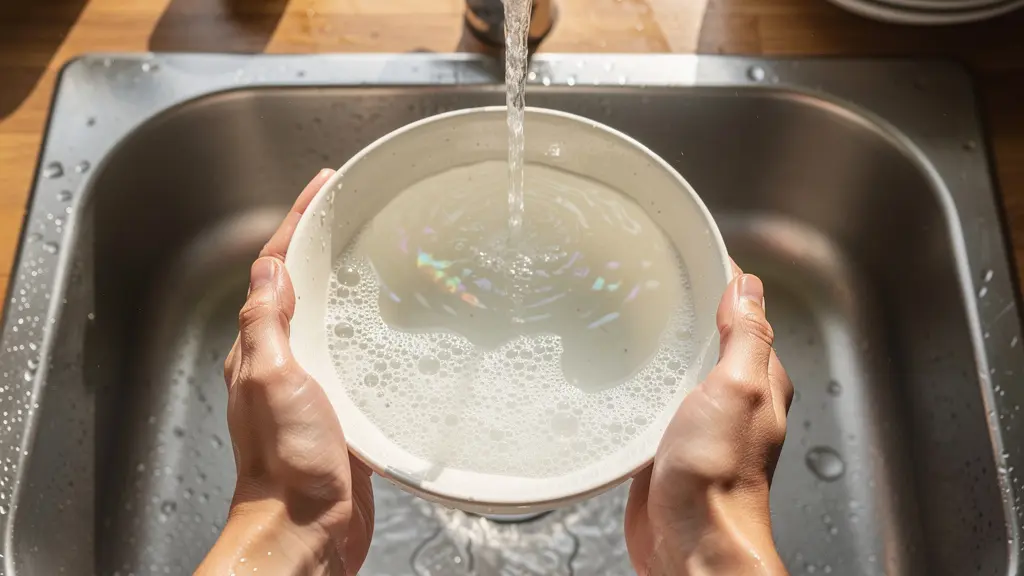 Vista aérea de unas manos lavando un cuenco en un fregadero con luz natural, simbolizando la práctica de mindfulness en las tareas domésticas.