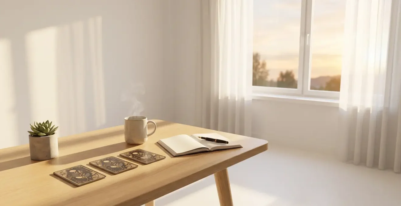 Mesa de madera con cartas de tarot boca abajo iluminadas por luz dorada del amanecer junto a taza de café y diario abierto