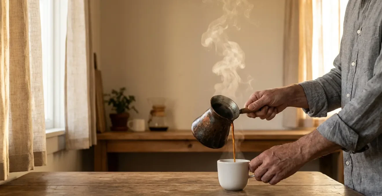 Preparación ritual del café turco en cezve tradicional con vapor místico