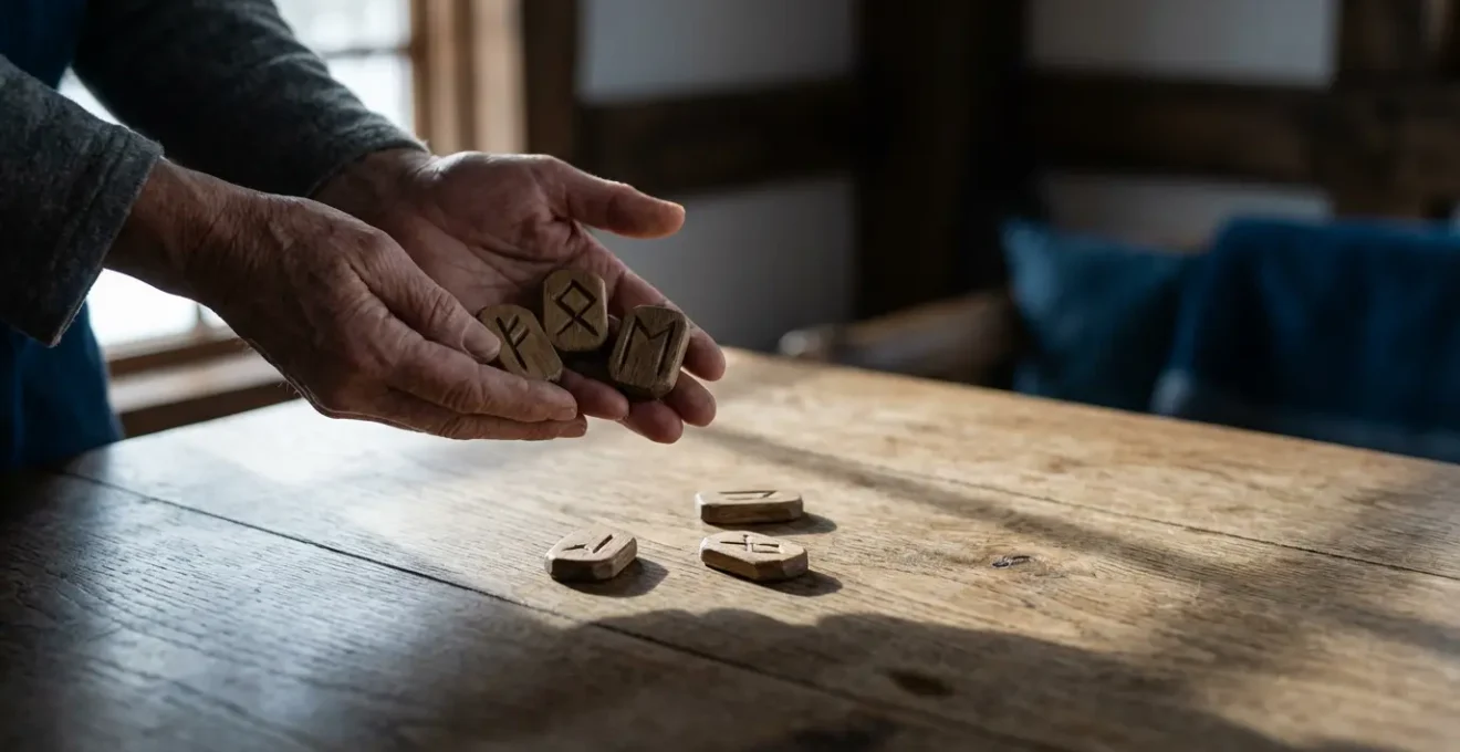 Manos sosteniendo runas vikingas de madera sobre mesa de roble para una tirada de decisiones