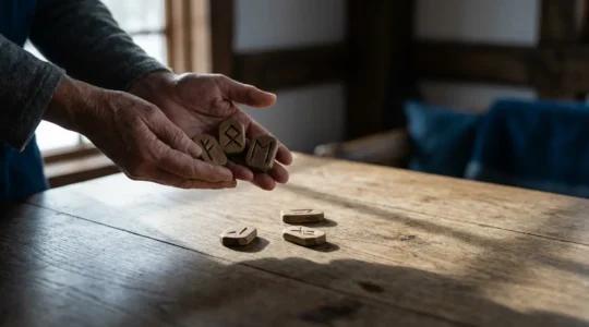 Manos sosteniendo runas vikingas de madera sobre mesa de roble para una tirada de decisiones