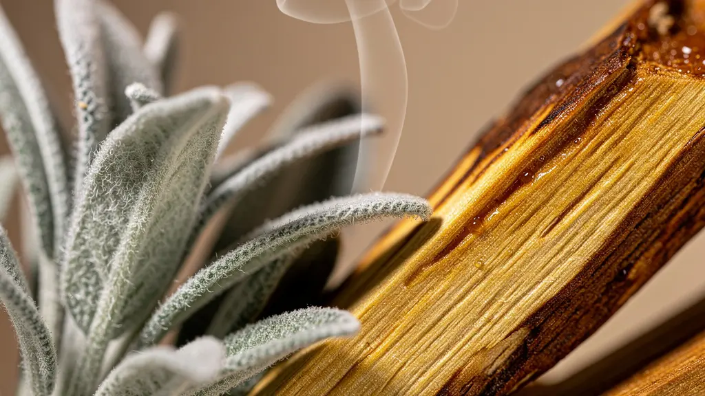 Disposición ritual de salvia blanca y palo santo para limpieza energética