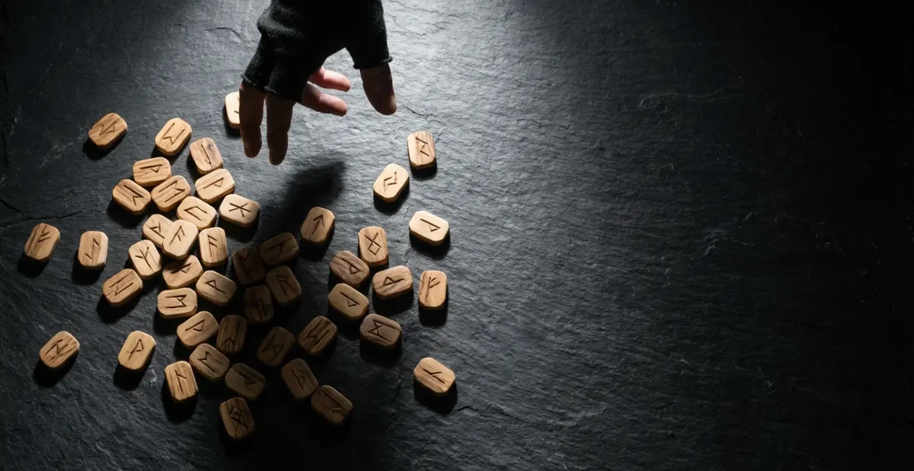 Runas vikingas dispersas caóticamente sobre superficie oscura simbolizando la saturación oracular