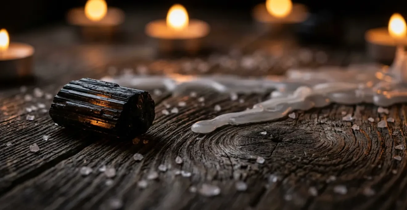 Mesa con velas y elementos de protección espiritual sin tablero visible