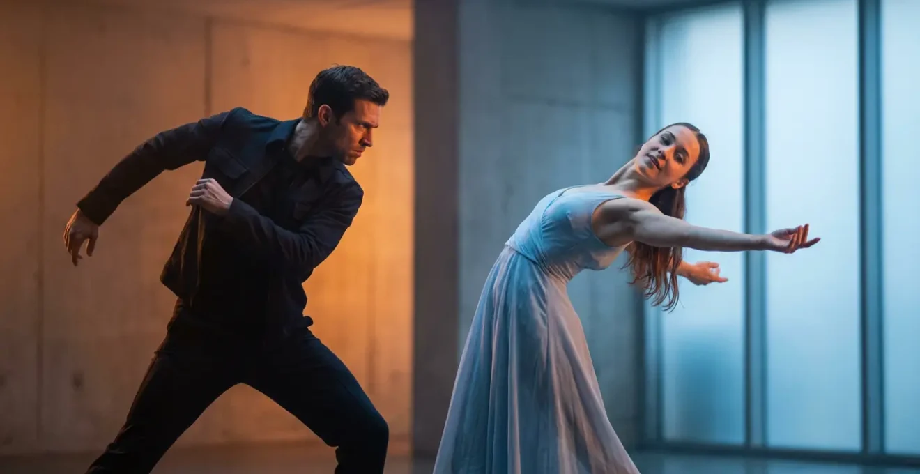 Pareja enfrentándose con energías opuestas de Marte y Venus reflejadas en su lenguaje corporal