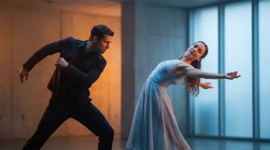 Pareja enfrentándose con energías opuestas de Marte y Venus reflejadas en su lenguaje corporal