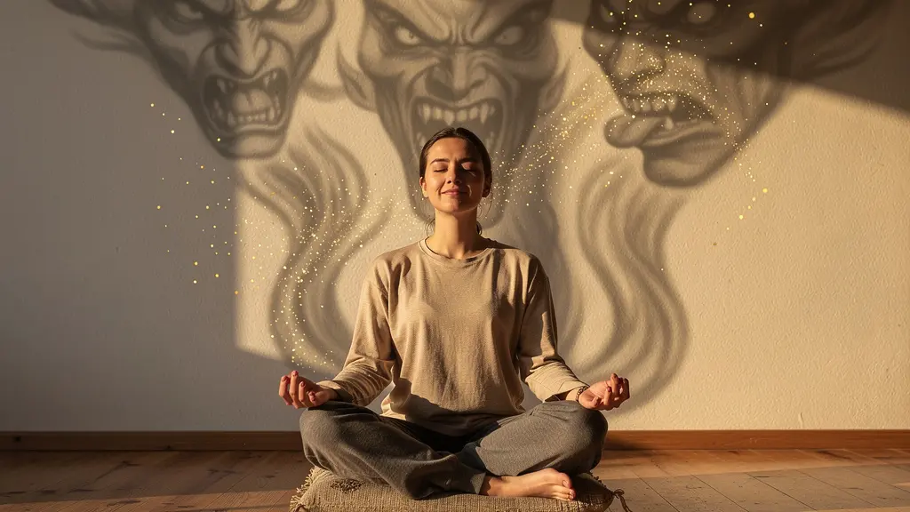 Persona frente a un espejo donde su reflejo muestra aspectos ocultos de su personalidad en proceso de integración