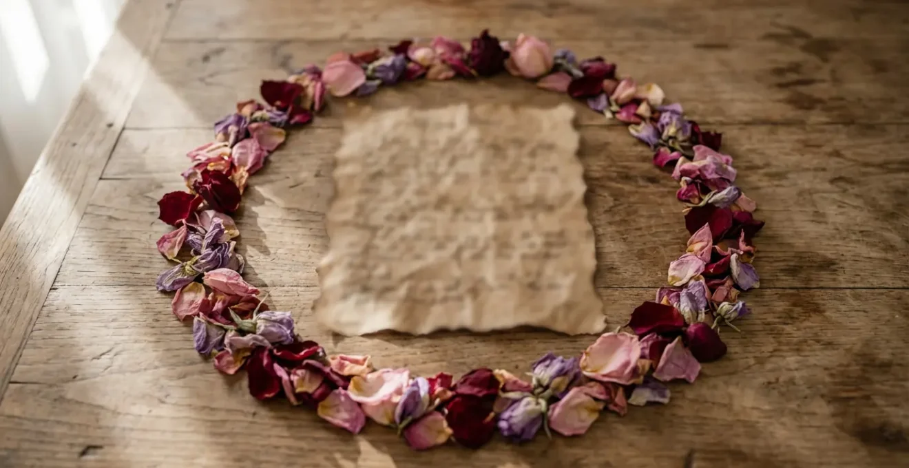 Mesa de madera con pétalos de flores formando círculo alrededor de papel pergamino antiguo