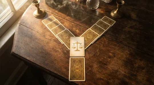 Mesa de madera con dos caminos de cartas de tarot que divergen en forma de Y, con una carta central iluminada mostrando una balanza dorada
