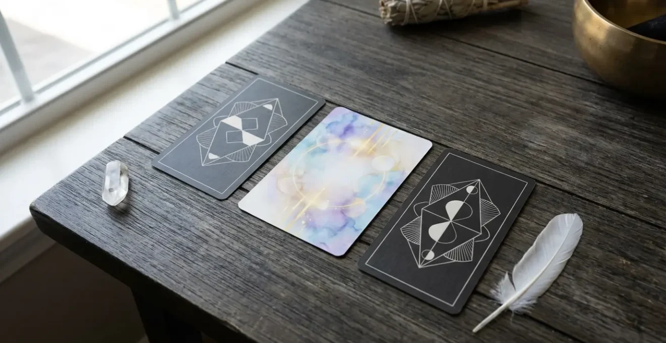 Vista cenital de cartas de tarot oscuras con una carta de oráculo luminosa colocada como puente entre ellas