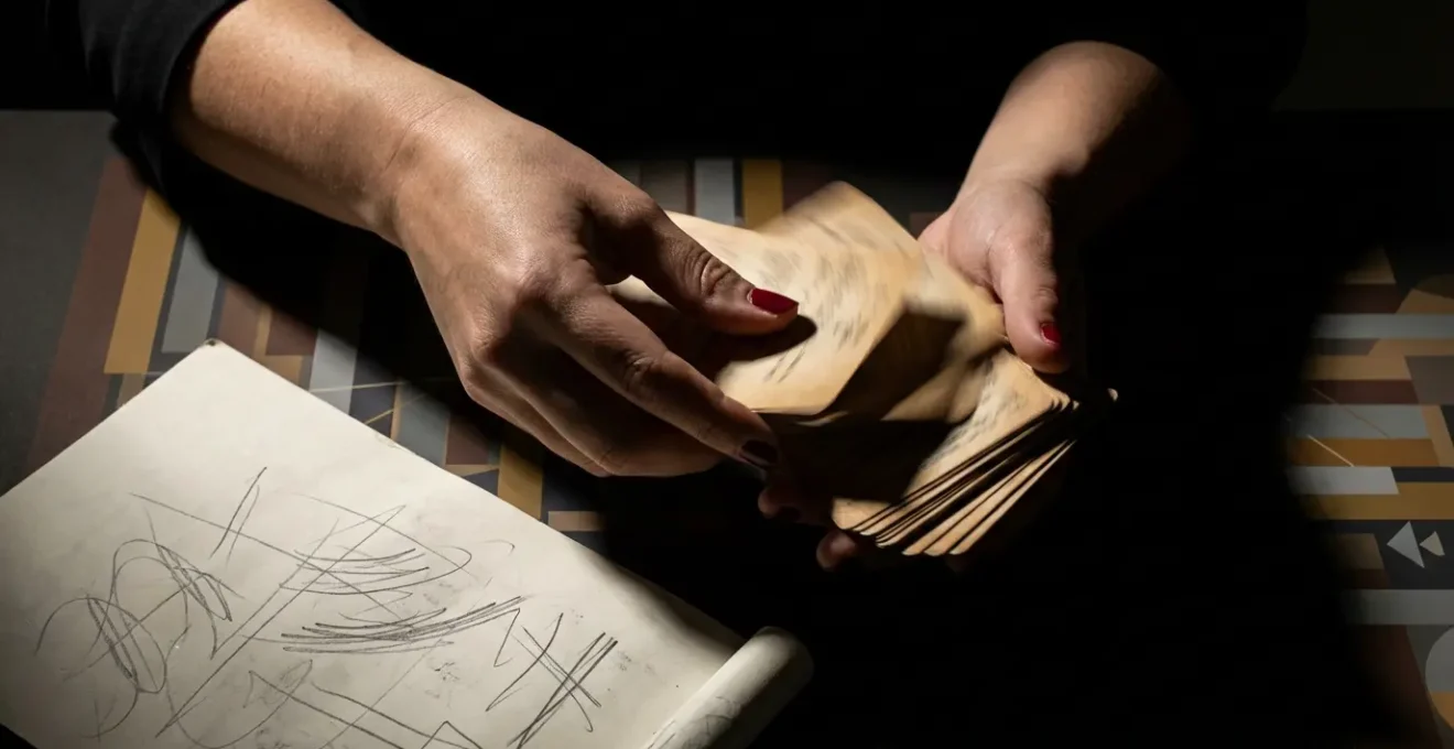 Manos sosteniendo cartas de tarot borrosas con enfoque en expresión facial analítica