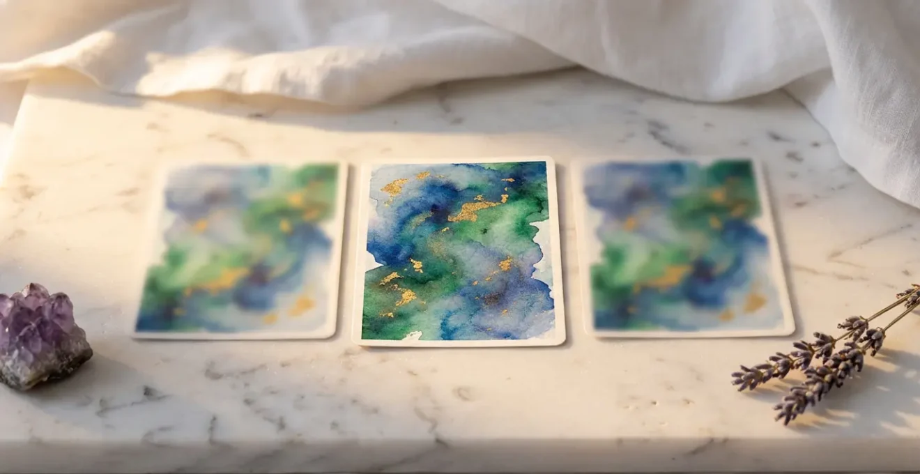 Primer plano de tres cartas de tarot alineadas horizontalmente sobre superficie de mármol blanco con luz matinal suave
