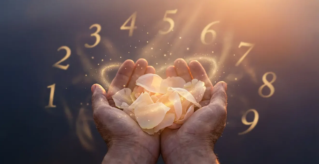 Manos sosteniendo pétalos de flores con números dorados flotando en un aura luminosa