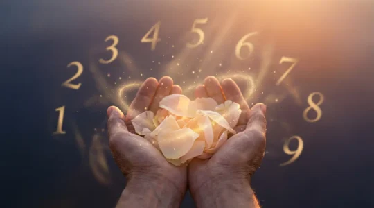 Manos sosteniendo pétalos de flores con números dorados flotando en un aura luminosa