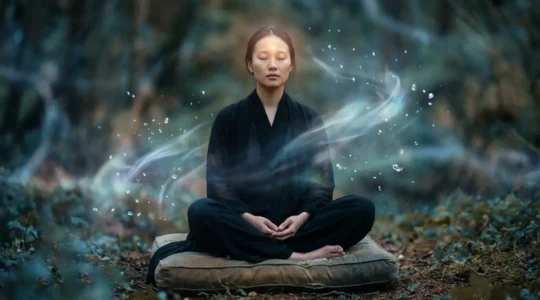 Persona meditando con aura luminosa rodeada de símbolos místicos sutiles